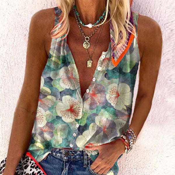 Elegant V-Neck Print Sleeveless Top